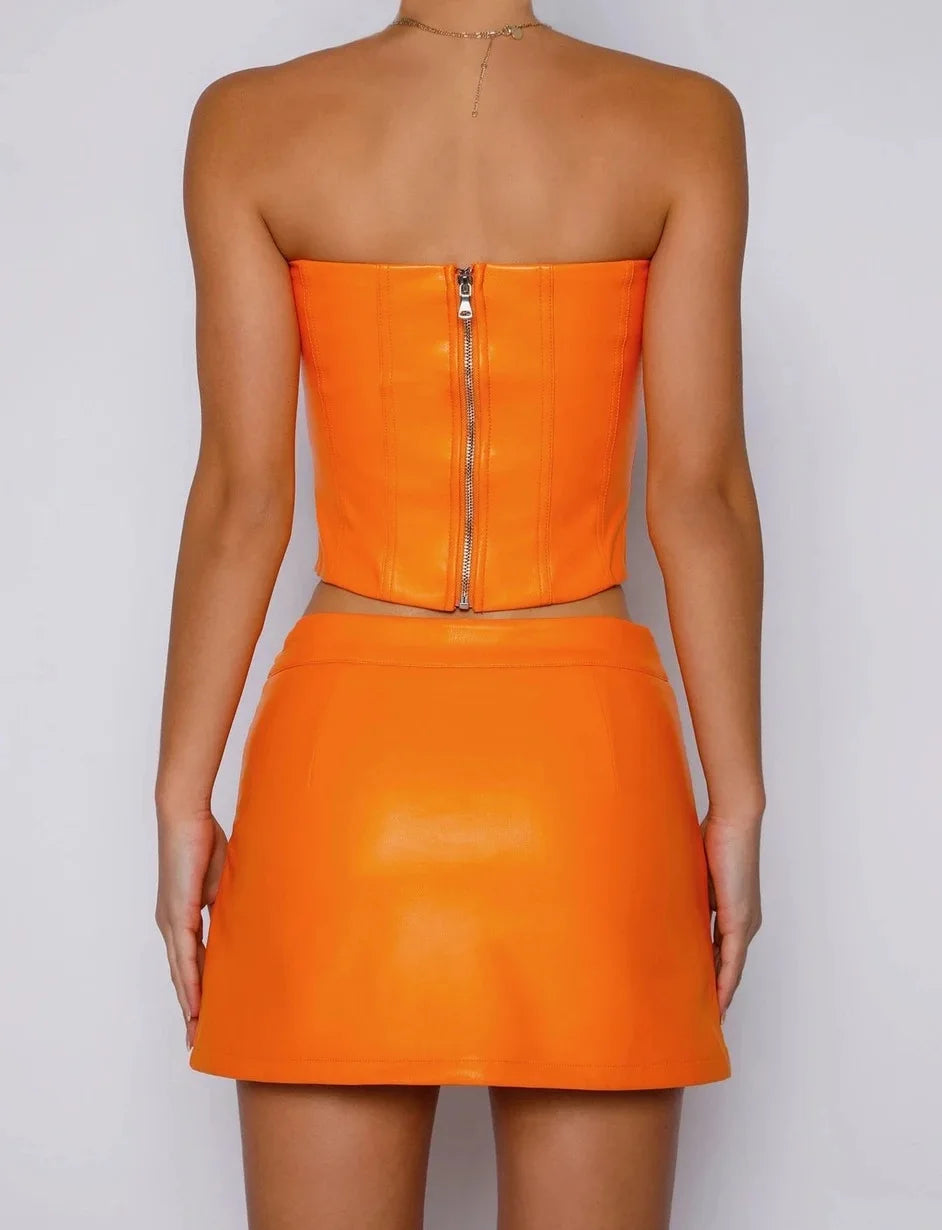 Venta de liquidación !!! Conjunto de top y falda naranja, top con corsé sexy, vestido corto de cuero y top sin tirantes, vestido de cumpleaños para mujer 2022