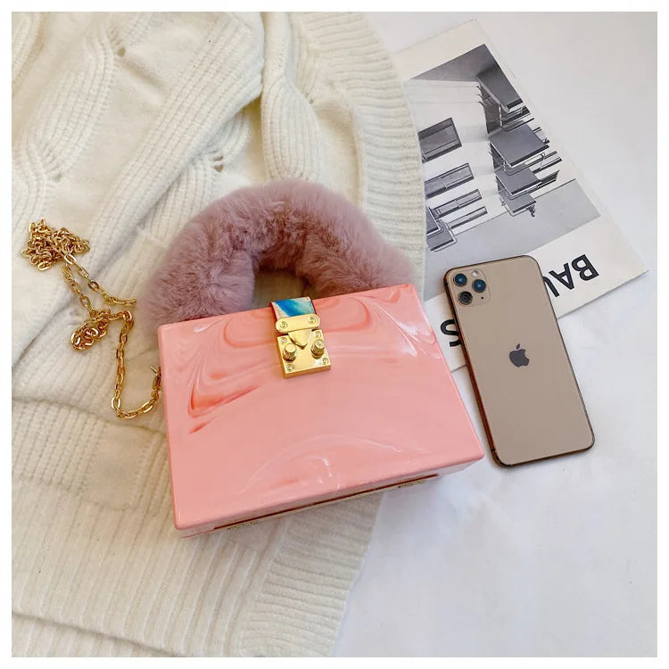 Faux Fur Top Handle Acrylic Party Box Clutch Fashion Purses and Handbags for Women Designer Evening Bag Chain Shoulder Bag