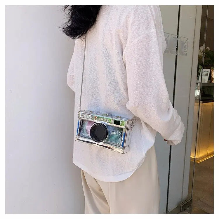 Personalized fashion vintage camera design unique shape clutch shoulder bag ladies casual mini transparent messenger bag purse