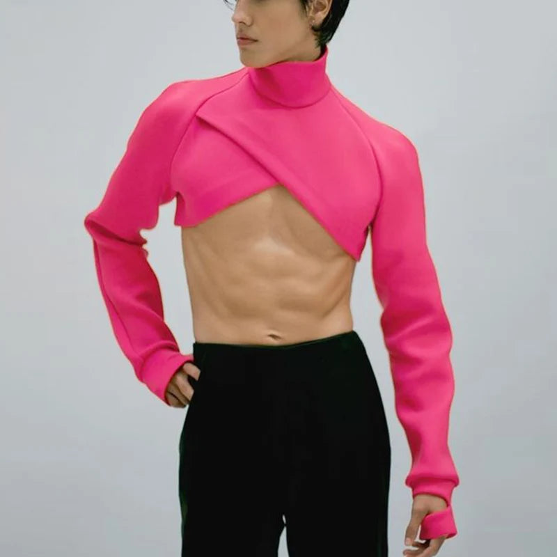 Mode Hommes Crop Tops Solide Col Roulé Manches Longues Sexy Décontracté Irrégulier Hauts Streetwear 2023 Maillot De Corps Camisetas INCERUN 5XL 7