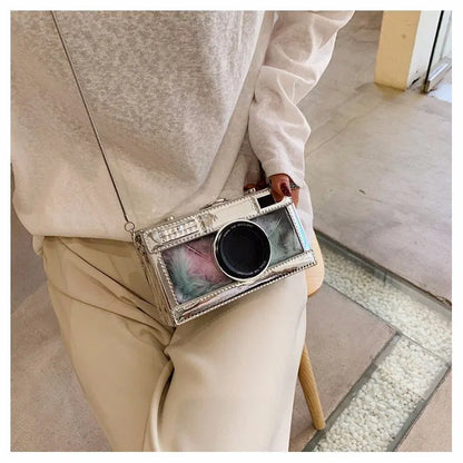 Personalized fashion vintage camera design unique shape clutch shoulder bag ladies casual mini transparent messenger bag purse