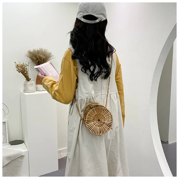 Fashion Round Beading Wooden Women Shoulder Crossbody Bags Rattan Handbags Bamboo Woven Summer Beach Straw Bag Small Bali Purses