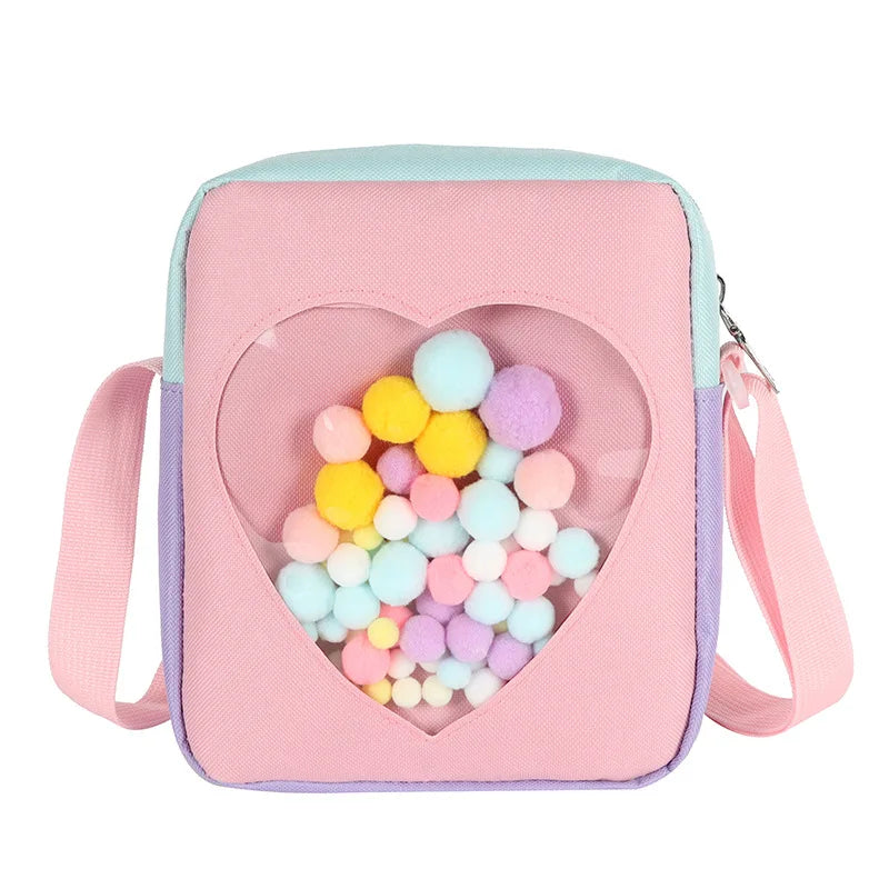 Japanese JK Girls Itabag Love Heart Shaped Transparent Bag Small Crossbody Bags With Colorful Hairballs Shoulder Bag Phone Bag