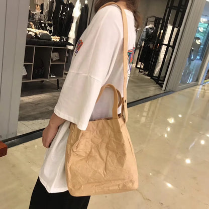 Casual Waterproof Kraft Paper Women Shoulder Bags Dupont Paper Lady Handbags Vintage Crossbody Bag Female Big Shopper Purse 2021