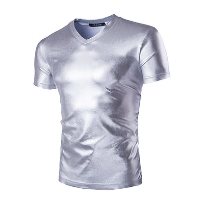 Night Club Wear Mens Shiny Metallic T-shirt Slim Fit Gold Shirt Fashion Men Short Sleeve Tops For Disco Party Club Stage Costume