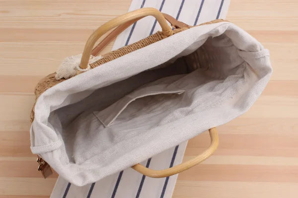 Bolsos de hombro de paja con asa de madera hueca a la moda, bolsos de mimbre tejidos de ratán para mujer, bolsos de playa de verano de gran capacidad, bolsos de viaje