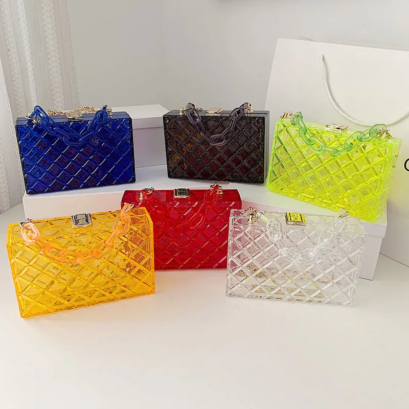 Bolso de hombro con forma de mini caja de acrílico, bolso de moda para mujer, nuevo bolso cruzado con cadena, bolso de caja transparente, bolso cuadrado de color caramelo