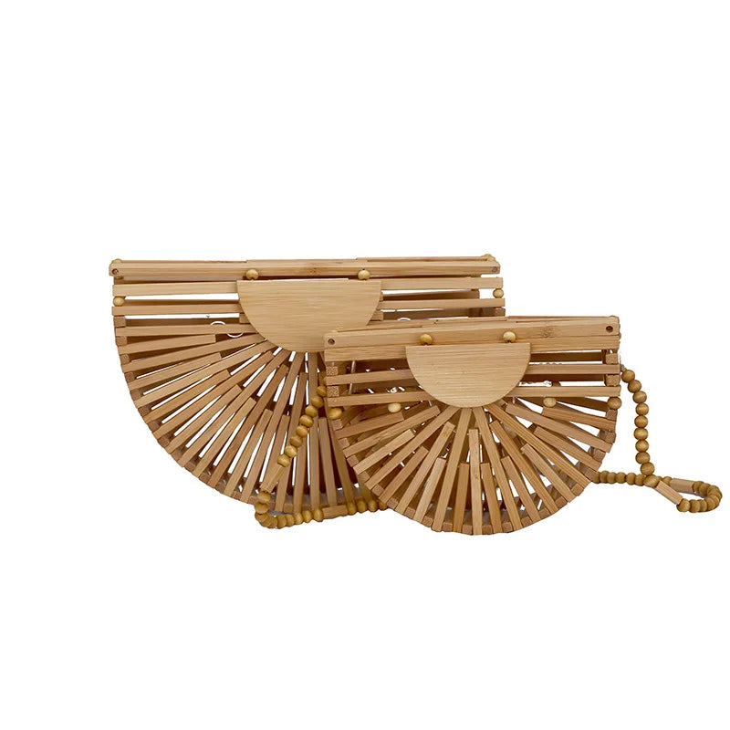 Bolso bandolera de madera con forma de media luna para mujer, de moda, tejido de bambú, para playa, de verano, de paja, pequeño bolso de ratán para teléfono