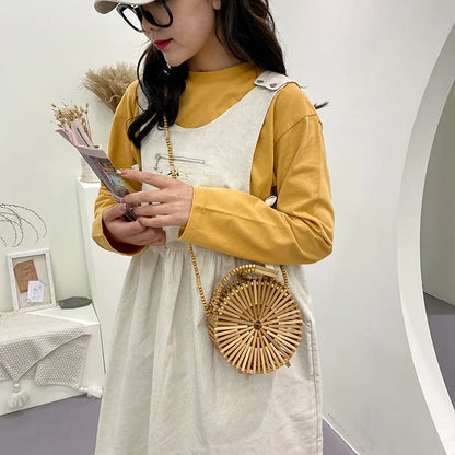 Fashion Round Beading Wooden Women Shoulder Crossbody Bags Rattan Handbags Bamboo Woven Summer Beach Straw Bag Small Bali Purses