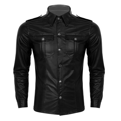 Mode Discothèque Porter Hommes Chemises Habillées Pour Hommes Tendance Look Mouillé En Cuir Verni À Manches Longues Slim Fit T-shirt Top Coat Cosplay