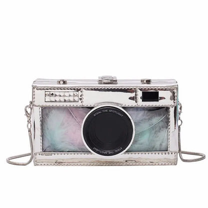 Personalized fashion vintage camera design unique shape clutch shoulder bag ladies casual mini transparent messenger bag purse