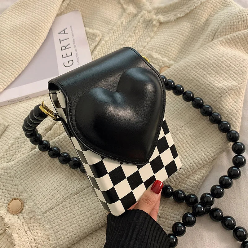 Creative Design Black Bead Chain Women's Bag Chessboard Lattice Messenger Bag Small Square Bag Fashion Mobile Phone Bag