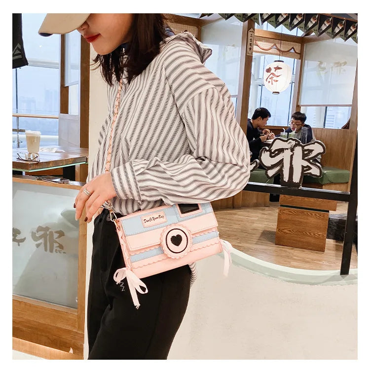 Bolso de mujer de moda 2020, bolso de hombro con forma de cámara divertido y dulce para niñas, bolso cruzado con lazo y cadena para mujer, bolso con solapa para mujer