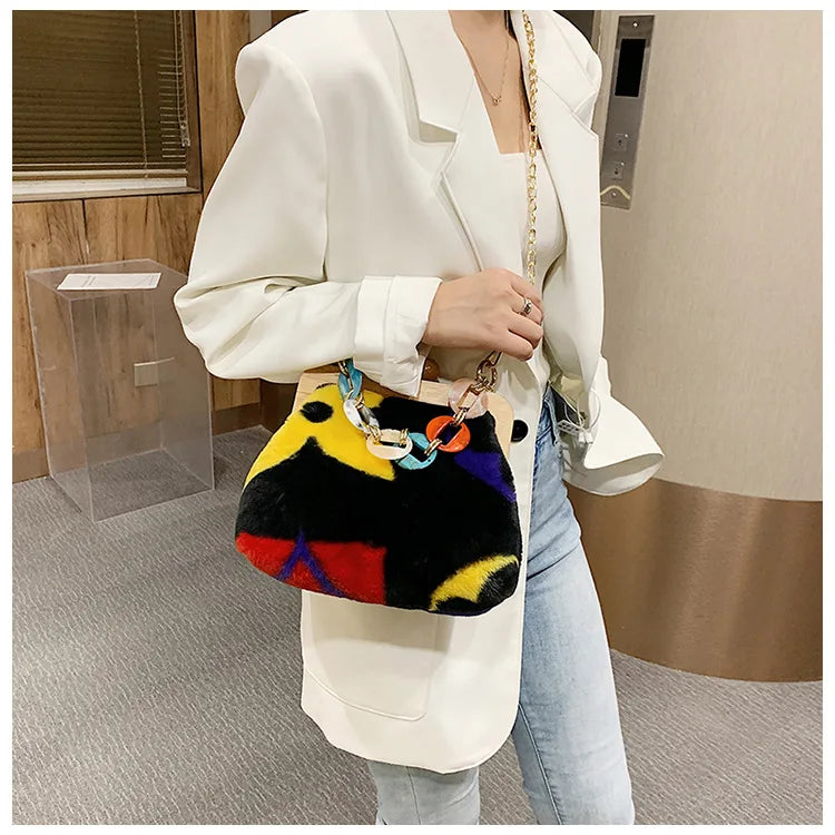 Bolso de mensajero de felpa con clip de madera, bolso de noche, cadena acrílica de moda, bolso de lujo para mujer, bolso de fiesta para banquete, bolso de hombro