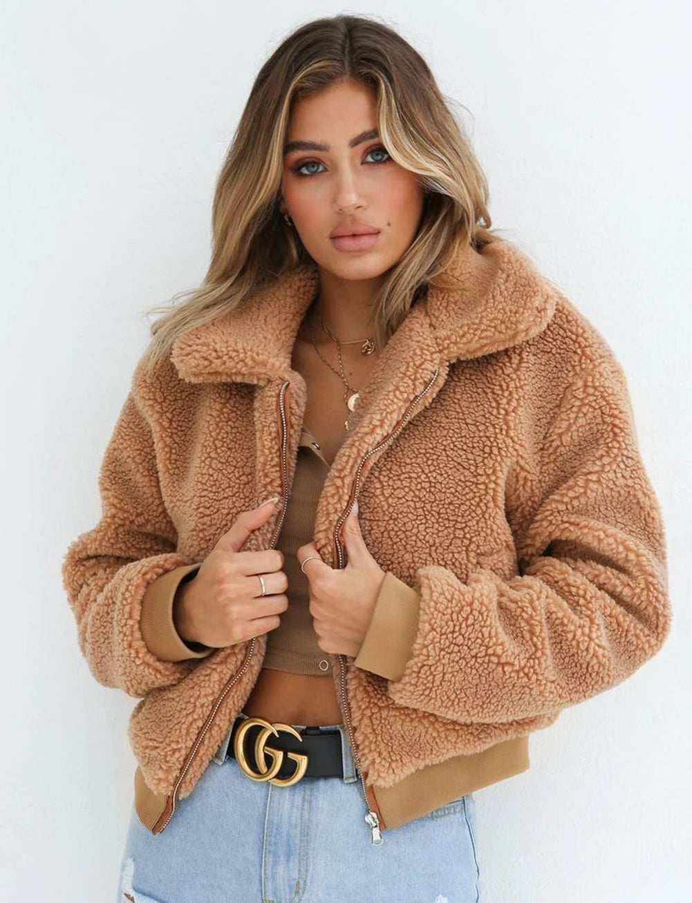 Chaqueta de invierno elegante para mujer, con bolsillo de osito de peluche grueso, abrigo cálido con cremallera, abrigo, chaqueta de piel suave, abrigo de felpa para mujer