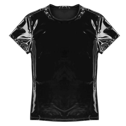 YiZYiF Black Shiny T Shirt Unisex Metallic Hipster PVC Leather Tshirt Sexy Stand Collar Short Sleeves Front Zip Up T-shirt Tops