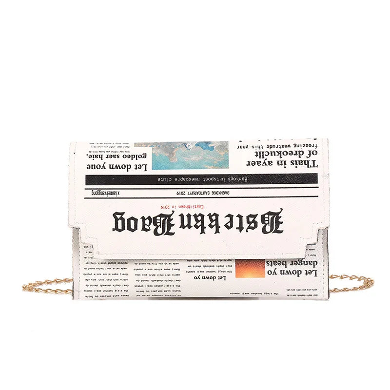 Creative Newspaper Design Chains Crossbody Bag for Women Funny Pu Leather Lady Shoulder Messenger Bags Cute Small Female Purses