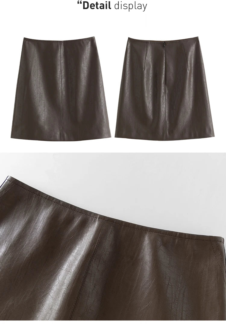 FSLE Women's Brown Leather Skirt Winter New Office Lady Mini Skirts A-line Skirt All-match Fashionable High Waist