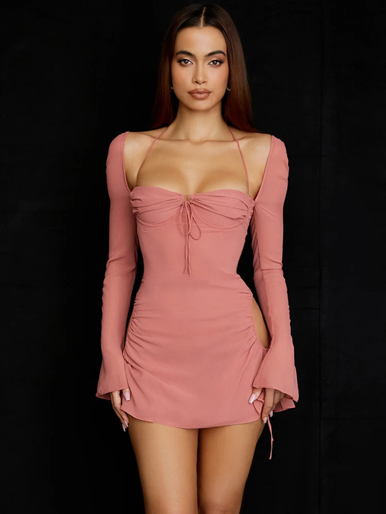 2022 New Summer Long Sleeve Bodycon Dress Square Collar Mini Mesh Dress Lovely Birthday Party Pink Outfits Dropshipping