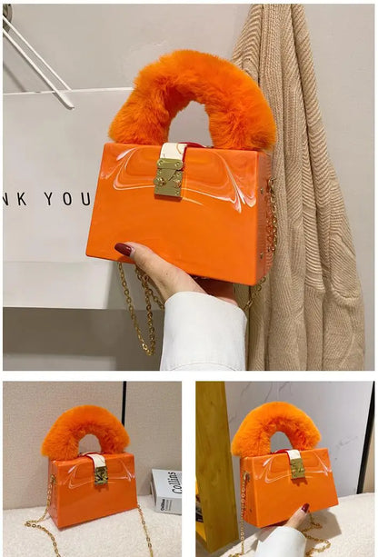 Faux Fur Top Handle Acrylic Party Box Clutch Fashion Purses and Handbags for Women Designer Evening Bag Chain Shoulder Bag