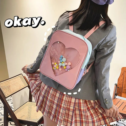 Japanese High School Girls JK Backpack Women Love Heart Shaped Transparent Bag Small Backpacks Itabag School Bags Mochila Mujer