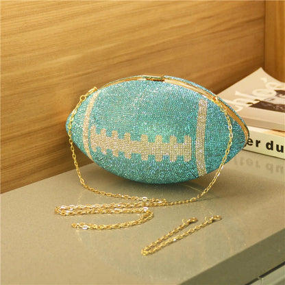 Womens Rhinestone Football Shaped Handbag Shiny Diamond Purses Chain Shoulder Evening Bag Wedding Banquet