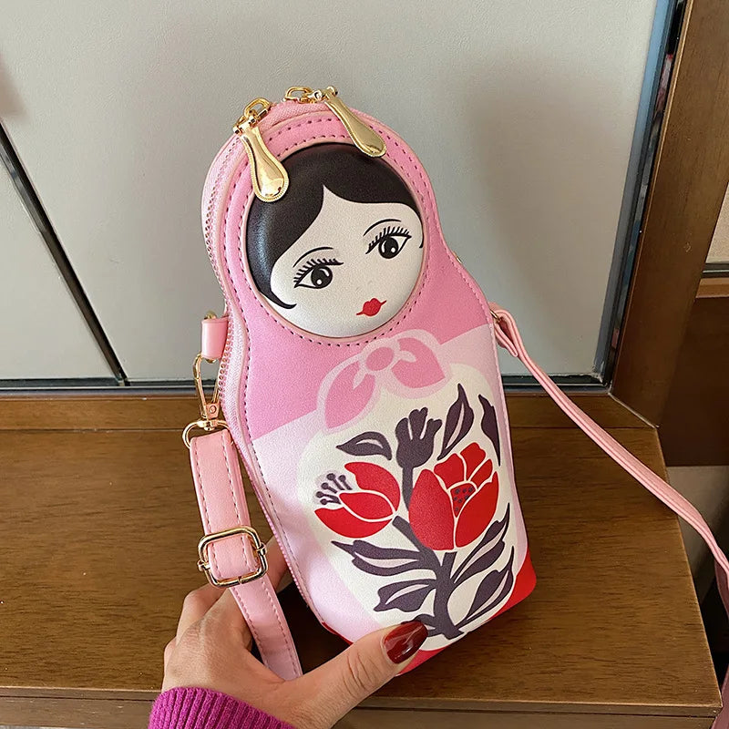 Bolso con estampado creativo de matrioska, bolso cruzado para mujer, nuevo bolso de cuero de PU a la moda, bolso para teléfono y cartera, bolso de hombro, bolsas