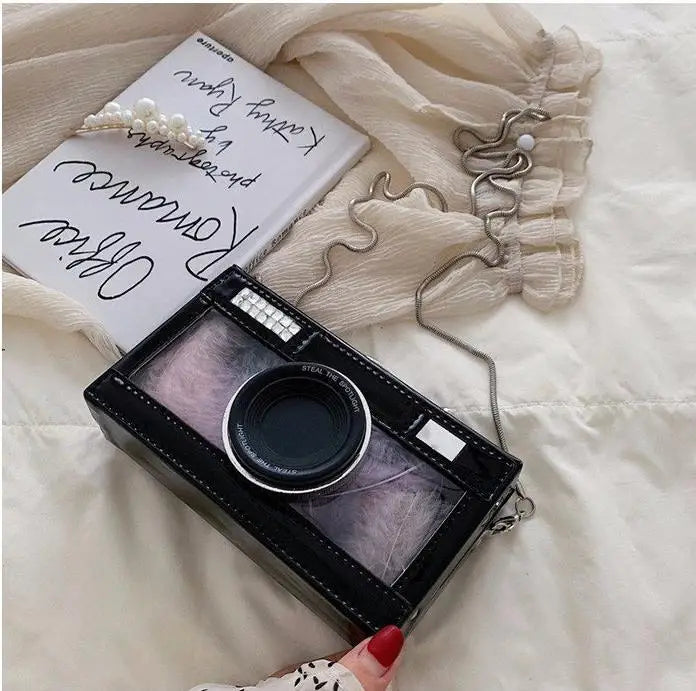 Personalized fashion vintage camera design unique shape clutch shoulder bag ladies casual mini transparent messenger bag purse