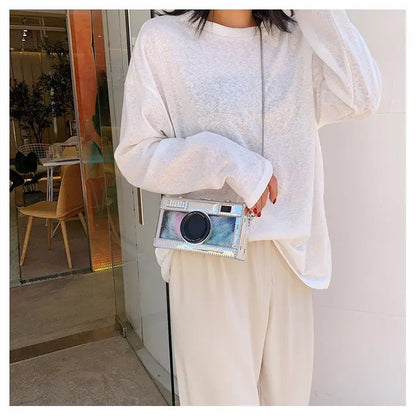 Personalized fashion vintage camera design unique shape clutch shoulder bag ladies casual mini transparent messenger bag purse