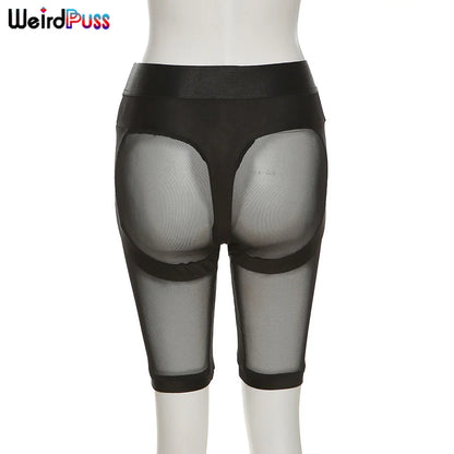 Weird Puss Short sexy pour femme en maille transparente, patchwork, slim, extensible, taille haute, style motard, sport, fitness, décontracté, streetwear