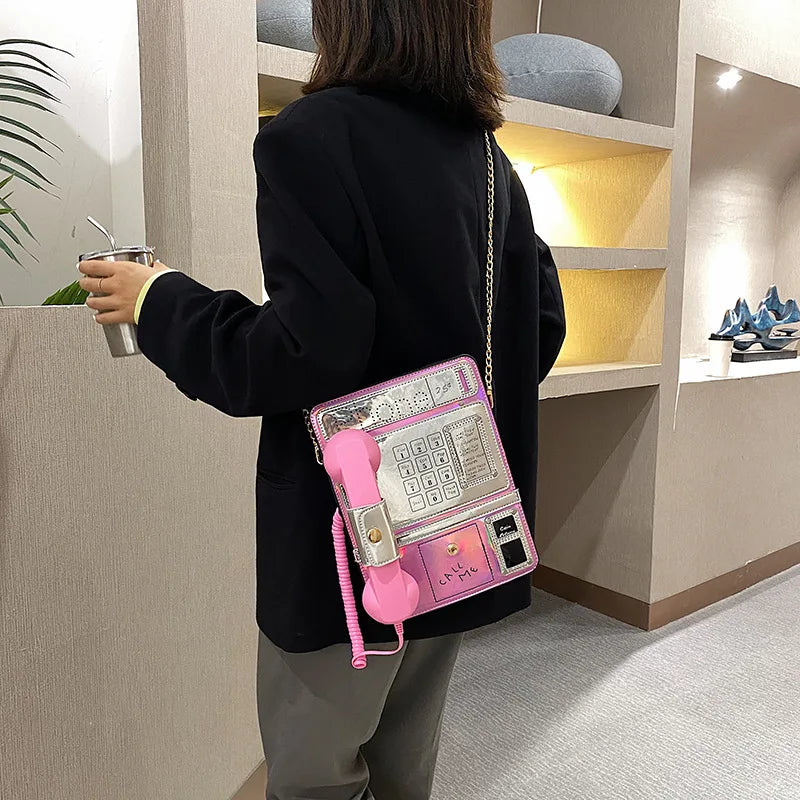 Bolso de hombro con forma de teléfono y diseño de láser reflectante para mujer, divertido bolso cruzado con cadena