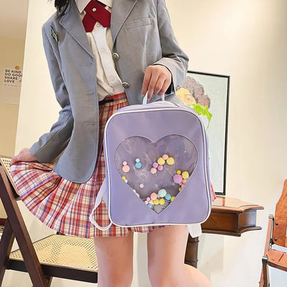 Japanese High School Girls JK Backpack Women Love Heart Shaped Transparent Bag Small Backpacks Itabag School Bags Mochila Mujer