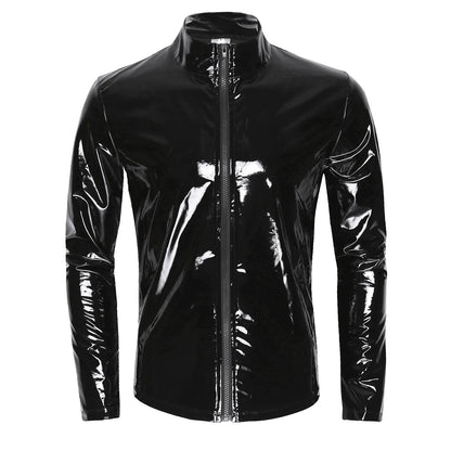 YiZYiF Men Shiny Metallic Front-Zip Stand Collar Tops Wet Look Sexy Patent Leather Nightclub Style Long Sleeve Tops For Men