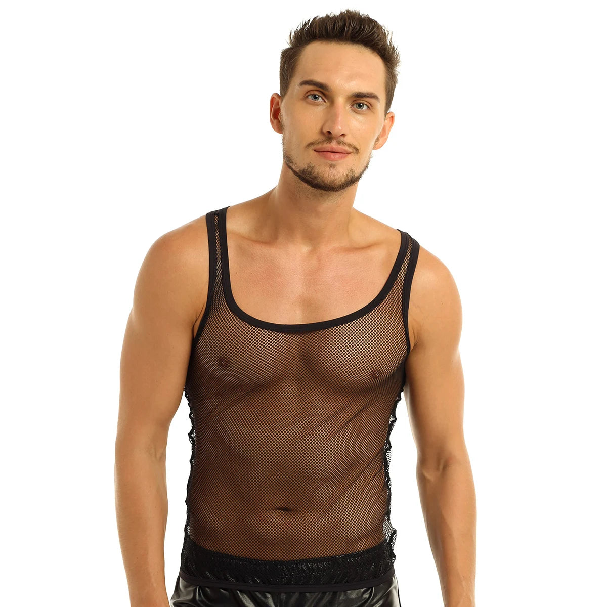 YiZYiF Mens Sexy Black Mesh See Through Clubwear Tank Vest Shirt T-Shirt  Fishnet Club Party wear free shipping