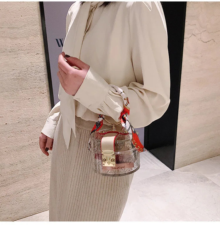 Women Fashion Mini Handbag Metal Handle Case Shape Acrylic Clutch Bag With Scraf Ladies Party Bag Female Chain Crossbody Bag