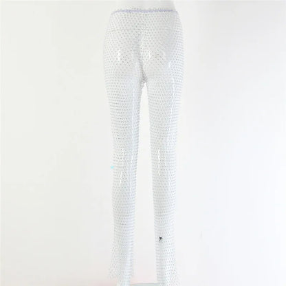 Fishnet Sexy Tunic Pants Women Long Bottoms Mesh Hollow Out Transparent Beach Club Party Crystal Rhinestones Diamonds Trousers