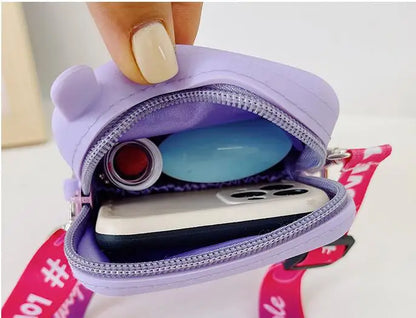 Bolso bandolera estilo teléfono bonito y divertido, novedoso bolso de mano y cartera de gelatina para mujer, bolso cruzado con dibujo de niña, rosa y morado