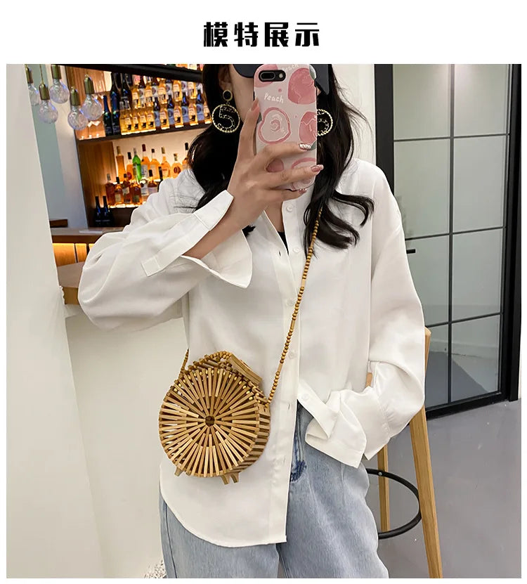 Fashion Round Beading Wooden Women Shoulder Crossbody Bags Rattan Handbags Bamboo Woven Summer Beach Straw Bag Small Bali Purses