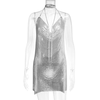 Vestidos de fiesta de metal con cuello halter de diamantes 2024, vestido de verano sexy dorado y plateado, vestidos sin espalda con lentejuelas para mujer, envío directo