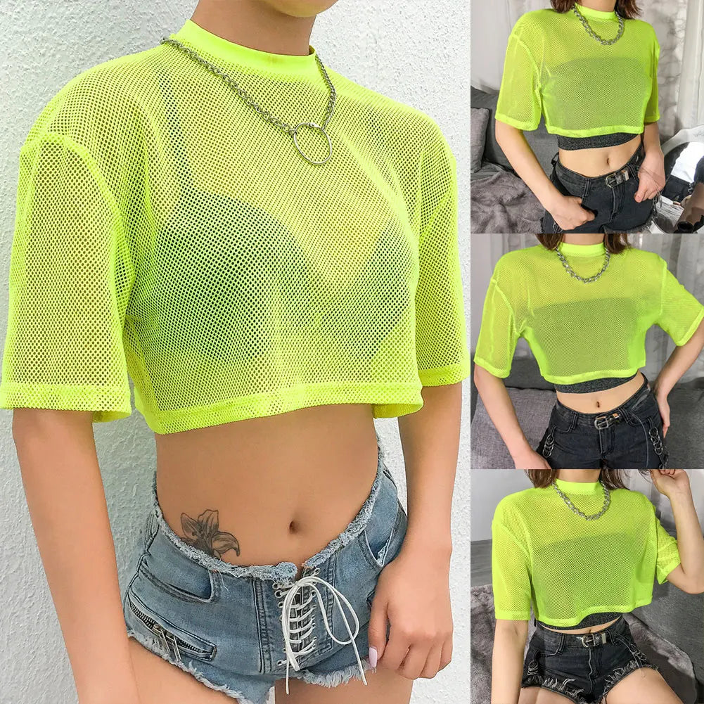 Moda mujer malla transparente media manga crop tops casual transparente color sólido camiseta camiseta sexy señoras verano ropa SML