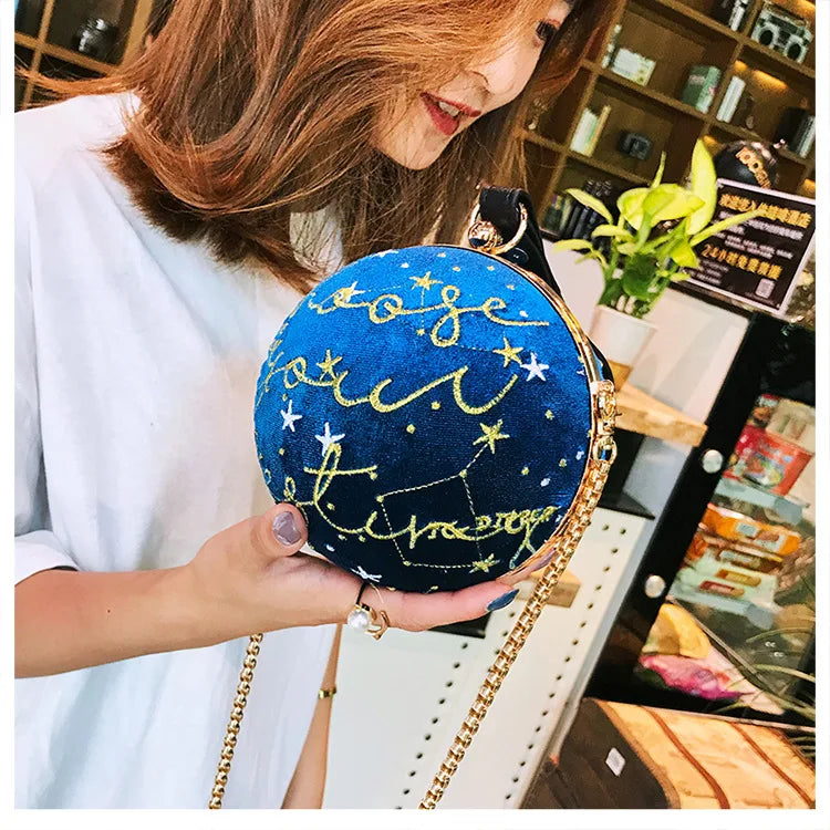 Luxury Fashion Blue Planet Velvet Star Ball Shoulder Bag Women small round Velour Bag Personality Female Handbag