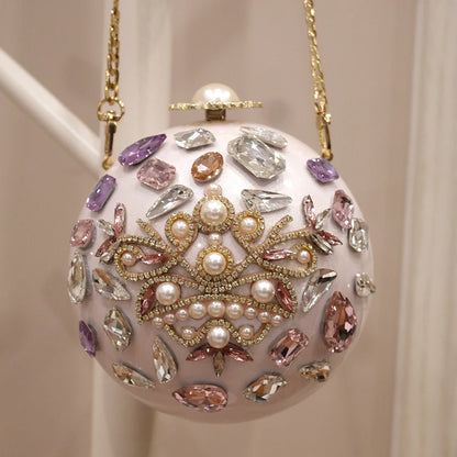 Sac de soirée de luxe en diamant avec boule de perles et fleurs rondes faites à la main pour fête de mariage, pochette de poignet avec diamants, sac à main pour femmes