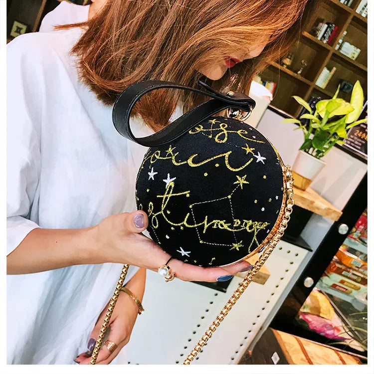 Luxury Fashion Blue Planet Velvet Star Ball Shoulder Bag Women small round Velour Bag Personality Female Handbag