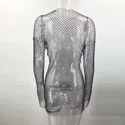 Vestido ajustado de malla transparente de manga larga con diamantes de imitación para mujer, vestido sexy transparente para discoteca, vestidos de fiesta cortos con purpurina, vestidos femeninos