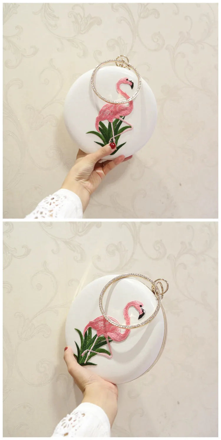 Women Embroidery Flamingo Evening Bags Luxury Round Shaped Female Wedding Dinner Bags Shoulder Bags Clutch Purse