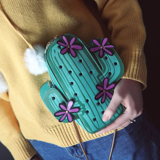 Bolso de hombro con cadena mini con flores bordadas para mujer, bonito bolso con forma de cactus verde, bolso bandolera pequeño con solapa y diseño para mujer