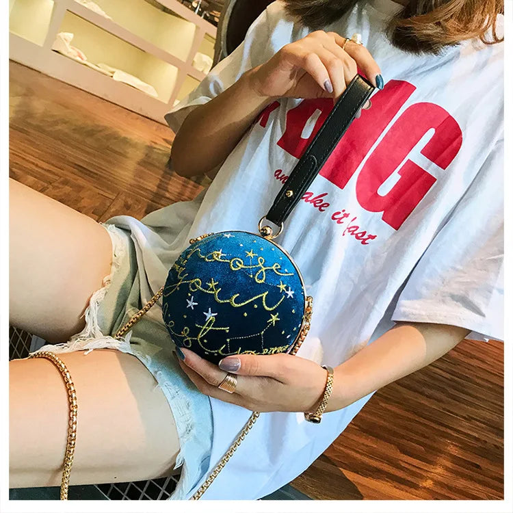 Luxury Fashion Blue Planet Velvet Star Ball Shoulder Bag Women small round Velour Bag Personality Female Handbag