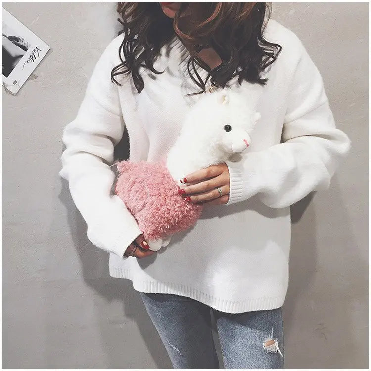 Funny Cartoon Plush Alpaca Animal Shape Bag Creative Spoof Fashion Shoulder Bag Women's Messenger Bag Girls Cute Flap Bag