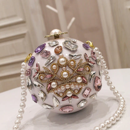 Sac de soirée de luxe en diamant avec boule de perles et fleurs rondes faites à la main pour fête de mariage, pochette de poignet avec diamants, sac à main pour femmes