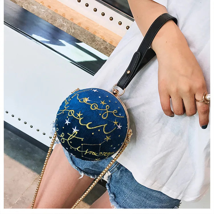 Luxury Fashion Blue Planet Velvet Star Ball Shoulder Bag Women small round Velour Bag Personality Female Handbag